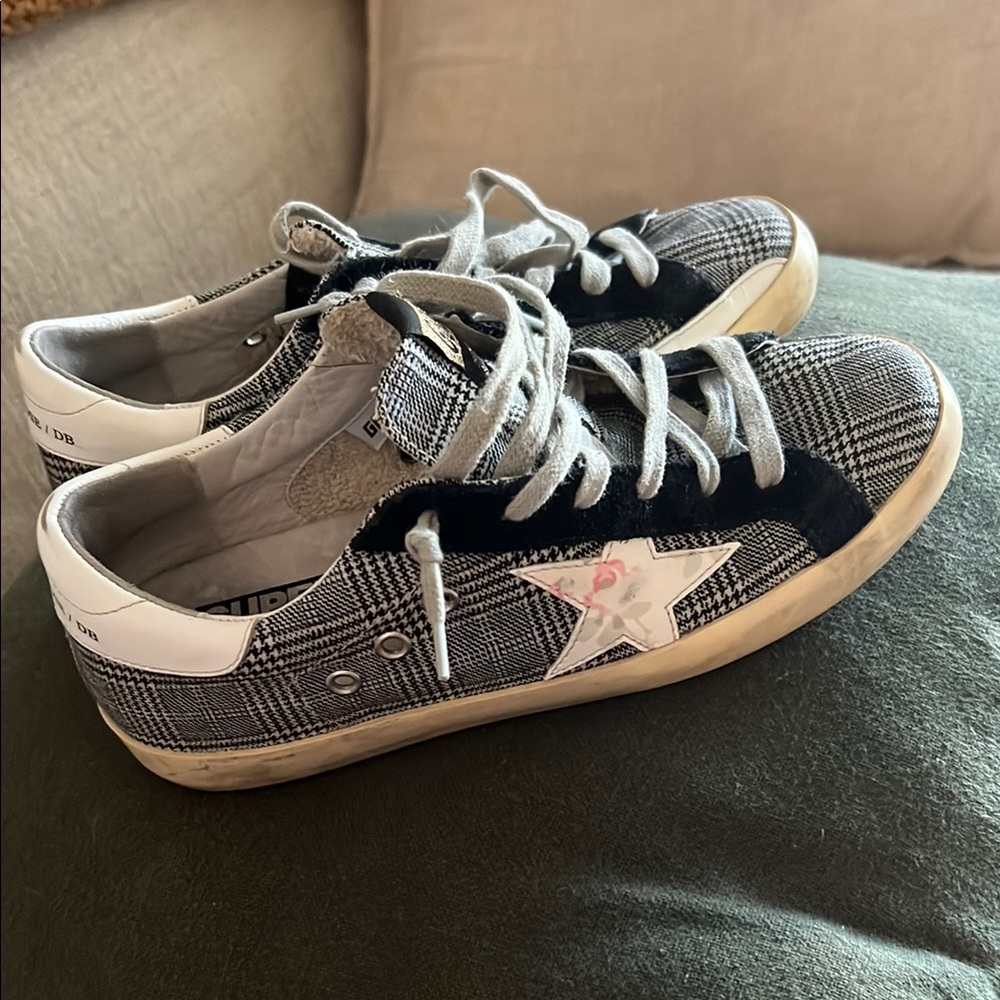 Golden Goose Black and White Plaid Sneakers with Star
